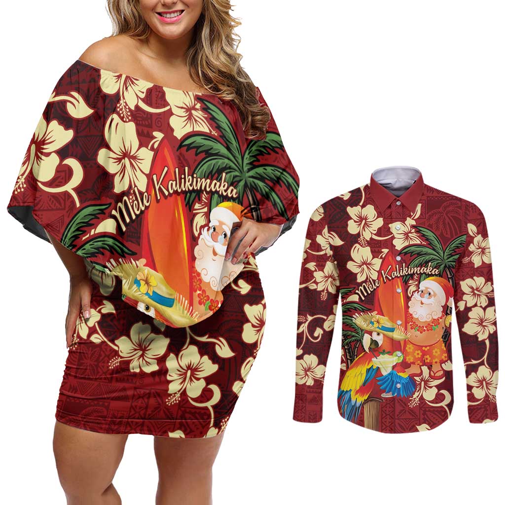 Crimson Red Tropical Christmas Hawaii Tapa Couples Matching Off Shoulder Short Dress and Long Sleeve Button Shirt Aloha Santa Drink Party - Polynesian Pride