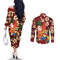 Crimson Red Tropical Christmas Hawaii Tapa Couples Matching Off The Shoulder Long Sleeve Dress and Long Sleeve Button Shirt Aloha Santa Drink Party - Polynesian Pride