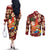 Crimson Red Tropical Christmas Hawaii Tapa Couples Matching Off The Shoulder Long Sleeve Dress and Long Sleeve Button Shirt Aloha Santa Drink Party - Polynesian Pride