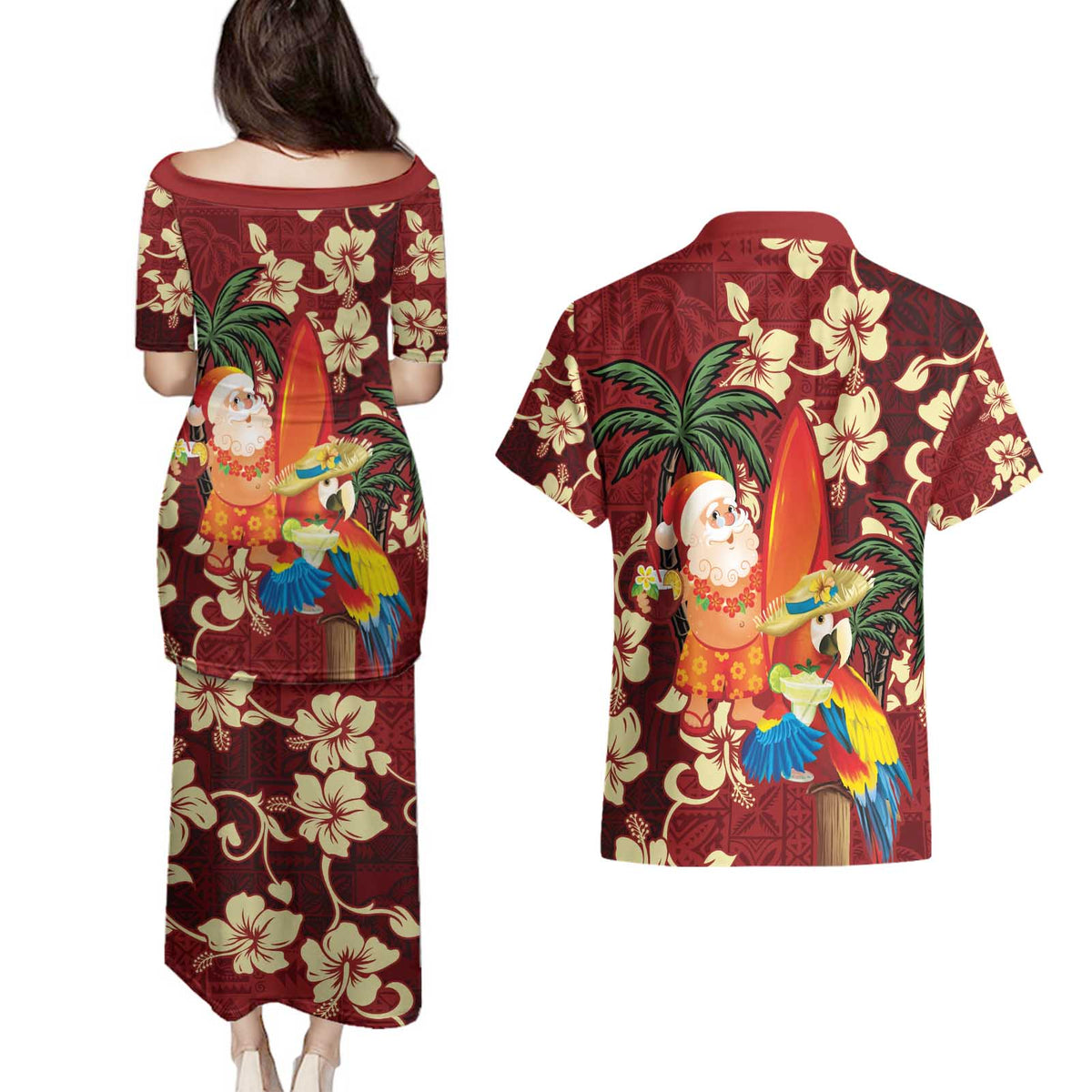 Crimson Red Tropical Christmas Hawaii Tapa Couples Matching Puletasi and Hawaiian Shirt Aloha Santa Drink Party - Polynesian Pride