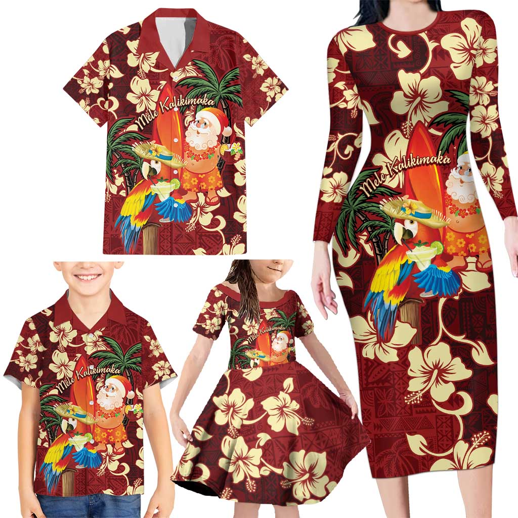 Crimson Red Tropical Christmas Hawaii Tapa Family Matching Long Sleeve Bodycon Dress and Hawaiian Shirt Aloha Santa Drink Party - Polynesian Pride