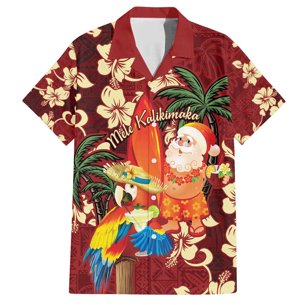 Crimson Red Tropical Christmas Hawaii Tapa Family Matching Long Sleeve Bodycon Dress and Hawaiian Shirt Aloha Santa Drink Party - Polynesian Pride