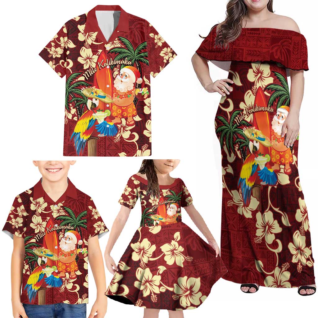 Crimson Red Tropical Christmas Hawaii Tapa Family Matching Off Shoulder Maxi Dress and Hawaiian Shirt Aloha Santa Drink Party - Polynesian Pride