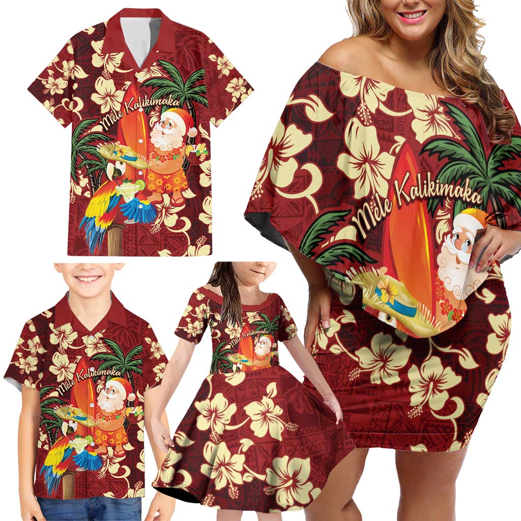 Crimson Red Tropical Christmas Hawaii Tapa Family Matching Off Shoulder  Short Dress and Hawaiian Shirt Aloha