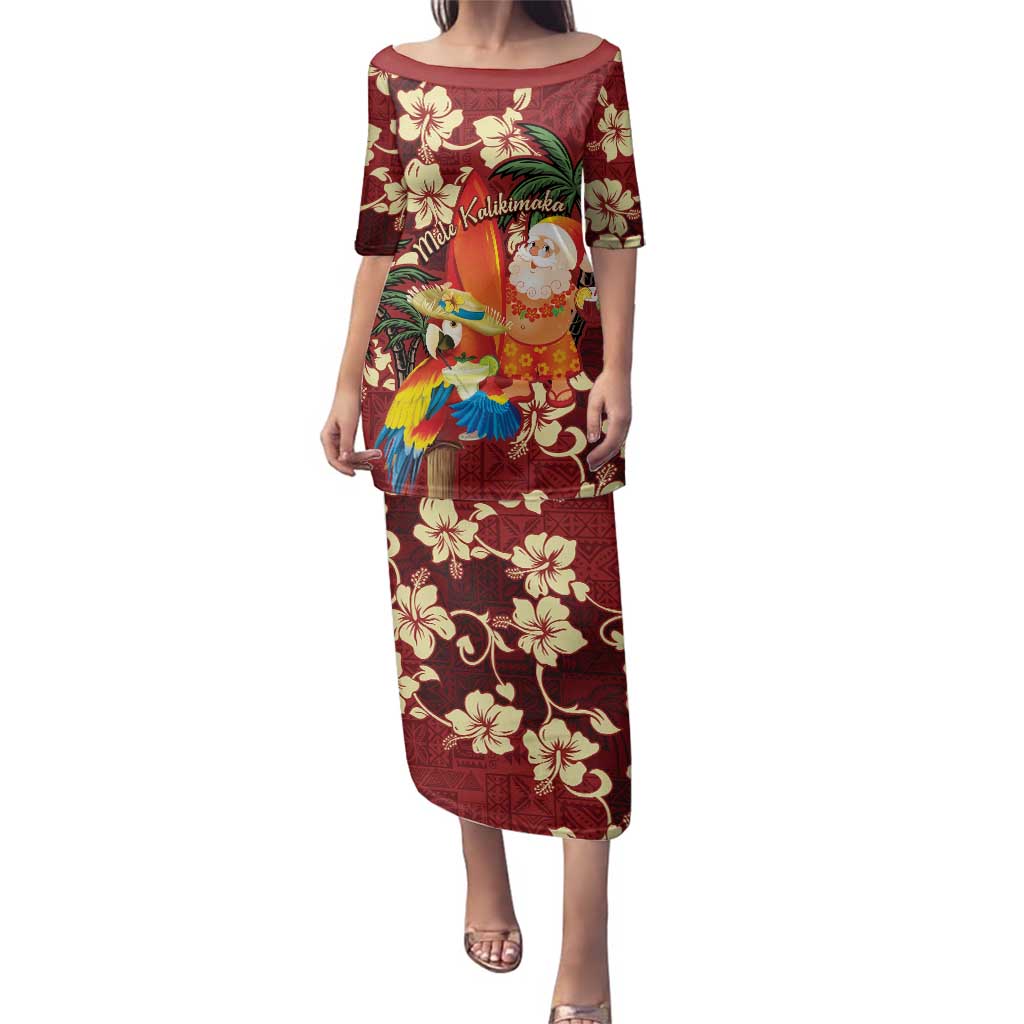 Crimson Red Tropical Christmas Hawaii Tapa Family Matching Puletasi and Hawaiian Shirt Aloha Santa Drink Party - Polynesian Pride