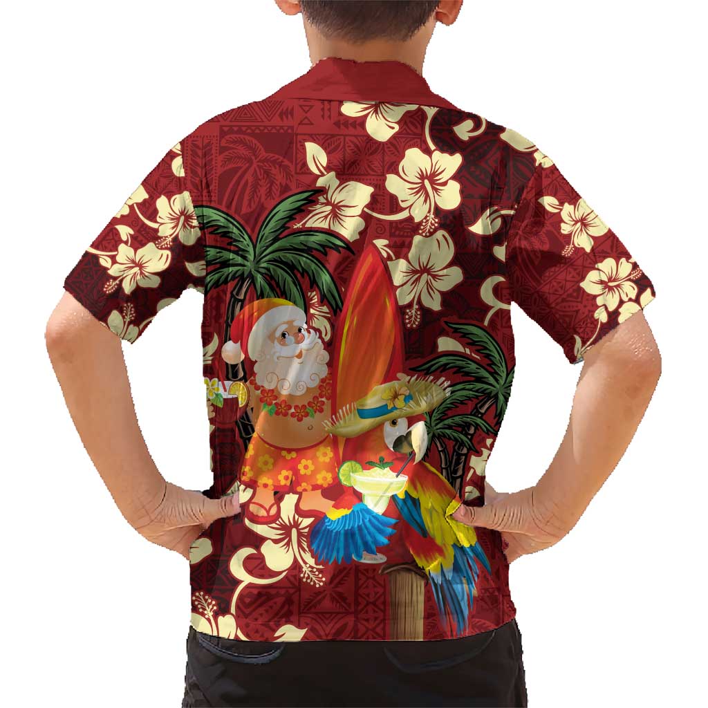 Crimson Red Tropical Christmas Hawaii Tapa Family Matching Short Sleeve Bodycon Dress and Hawaiian Shirt Aloha Santa Drink Party - Polynesian Pride
