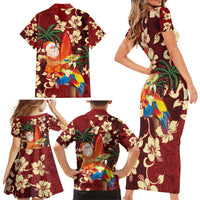 Crimson Red Tropical Christmas Hawaii Tapa Family Matching Short Sleeve Bodycon Dress and Hawaiian Shirt Aloha Santa Drink Party - Polynesian Pride