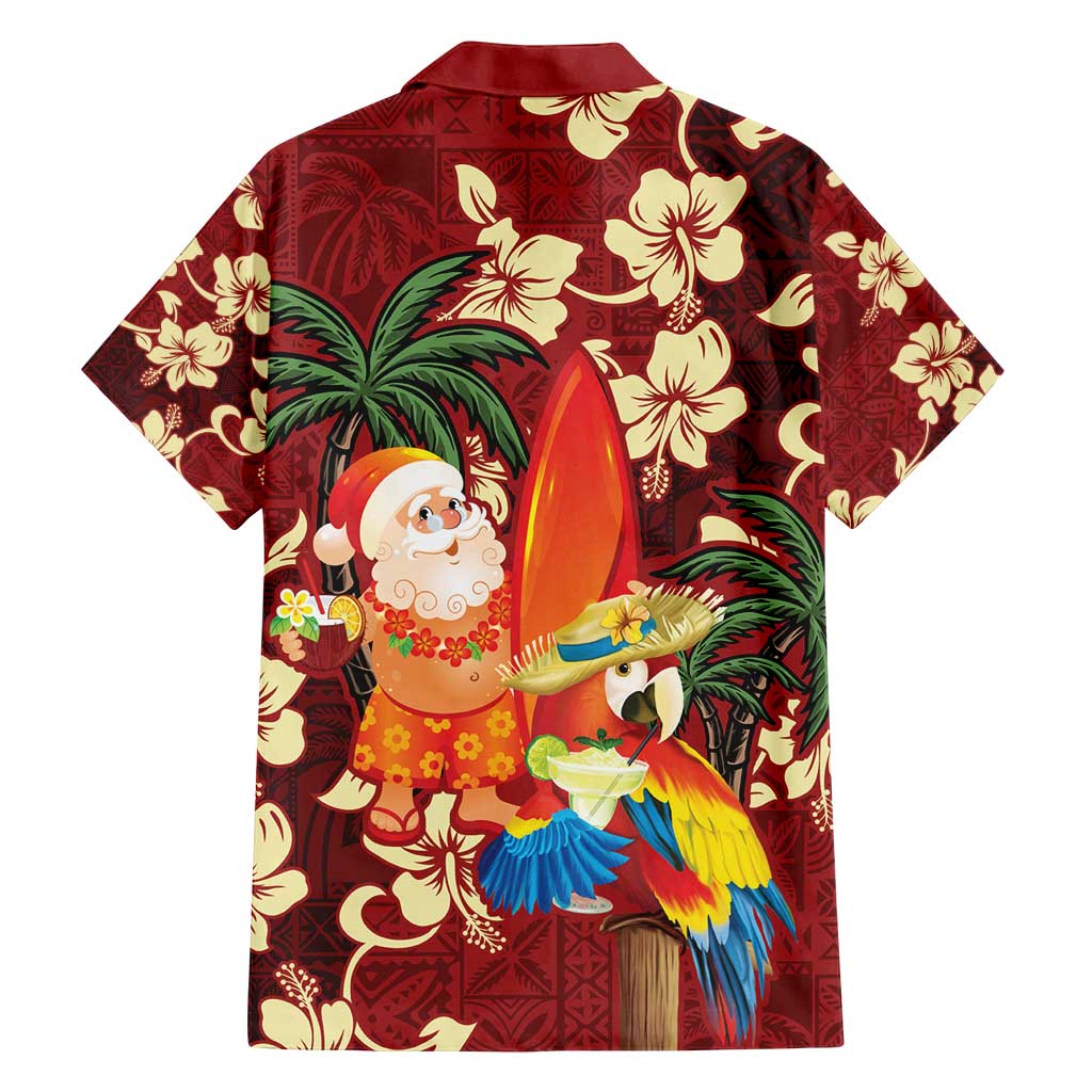 Crimson Red Tropical Christmas Hawaii Tapa Family Matching Summer Maxi Dress and Hawaiian Shirt Aloha Santa Drink Party - Polynesian Pride