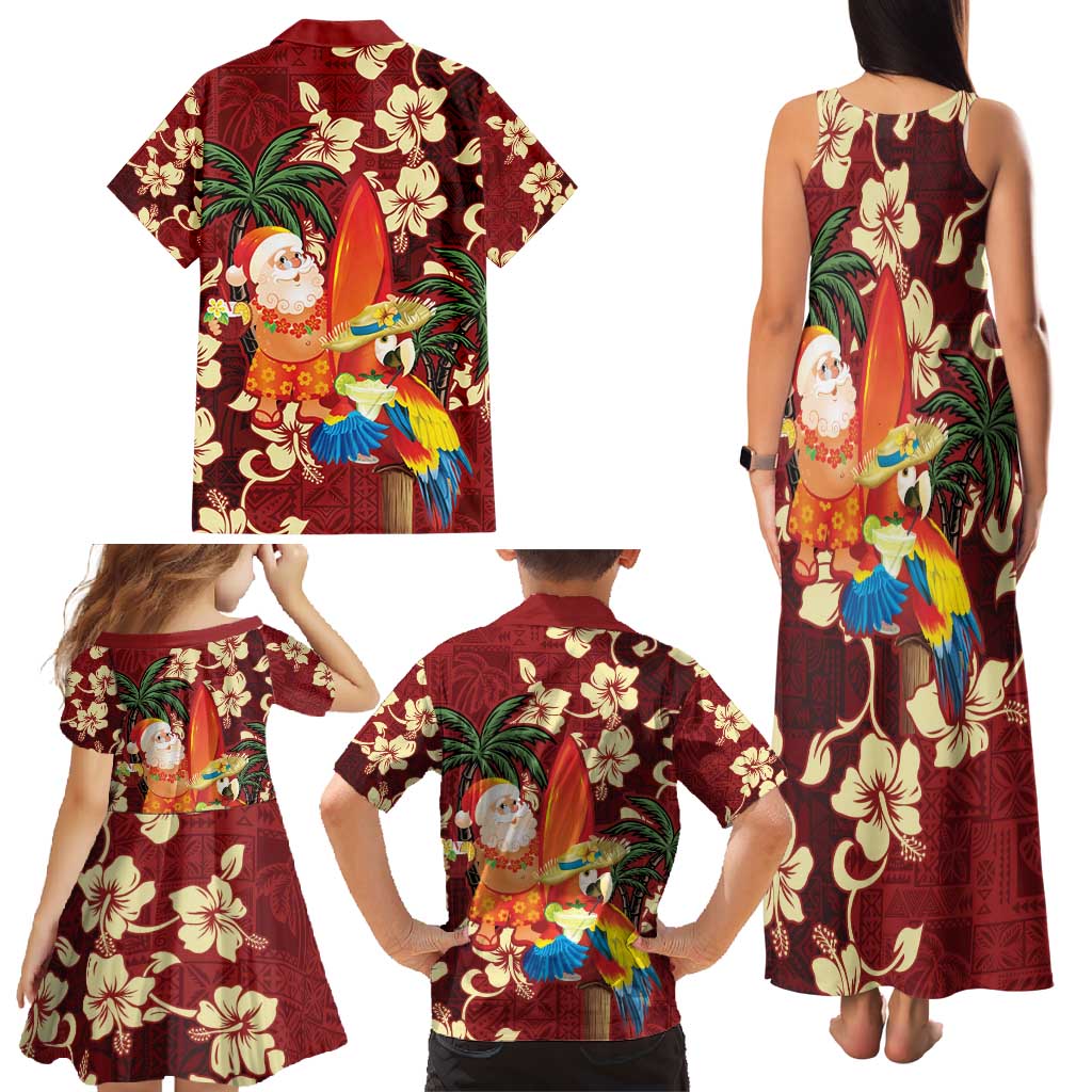 Crimson Red Tropical Christmas Hawaii Tapa Family Matching Tank Maxi Dress and Hawaiian Shirt Aloha Santa Drink Party - Polynesian Pride