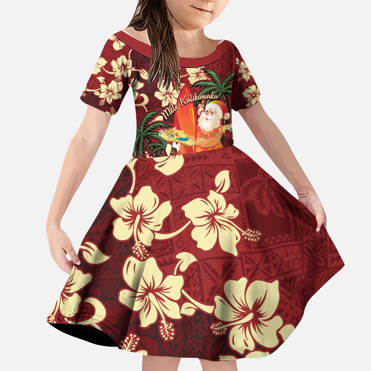 Crimson Red Tropical Christmas Hawaii Tapa Kid Short Sleeve Dress Aloha Santa Drink Party - Polynesian Pride