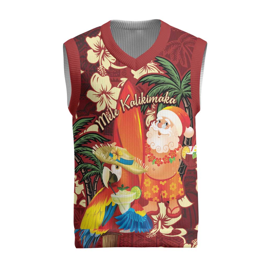 Crimson Red Tropical Christmas Hawaii Tapa Christmas Knitted V-Neck Vest Aloha Santa Drink Party - Polynesian Pride