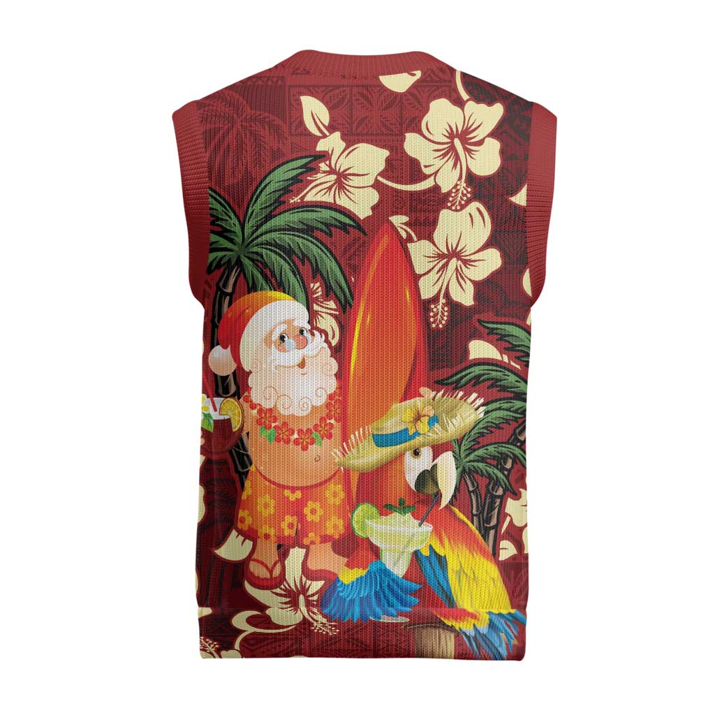 Crimson Red Tropical Christmas Hawaii Tapa Christmas Knitted V-Neck Vest Aloha Santa Drink Party - Polynesian Pride