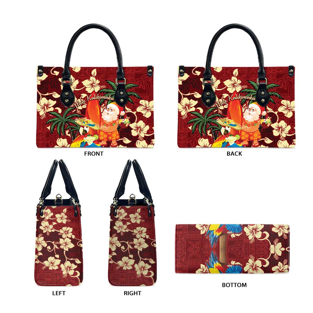 Crimson Red Tropical Christmas Hawaii Tapa Leather Bag Aloha Santa Drink Party - Polynesian Pride