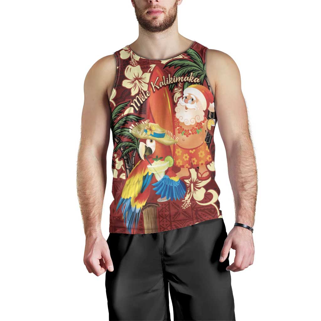 Crimson Red Tropical Christmas Hawaii Tapa Men Tank Top Aloha Santa Drink Party - Polynesian Pride