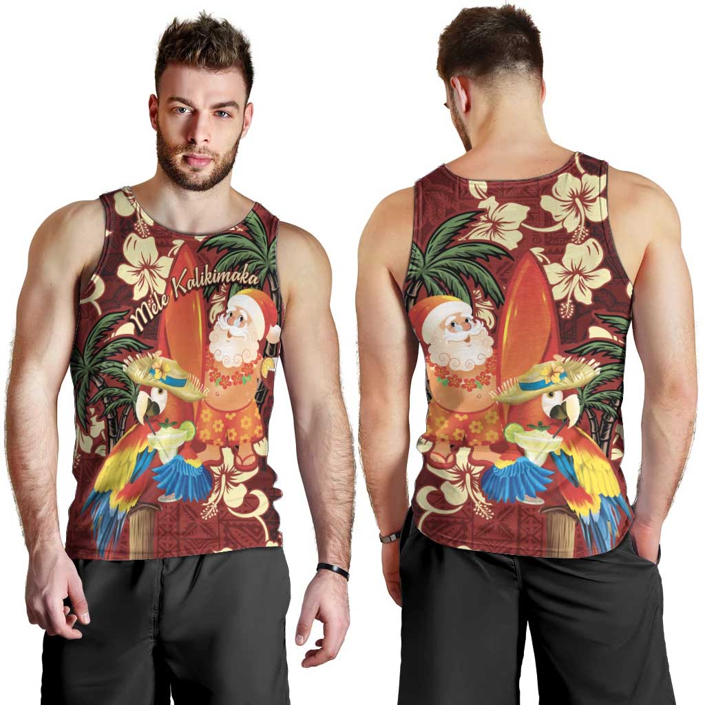 Crimson Red Tropical Christmas Hawaii Tapa Men Tank Top Aloha Santa Drink Party - Polynesian Pride