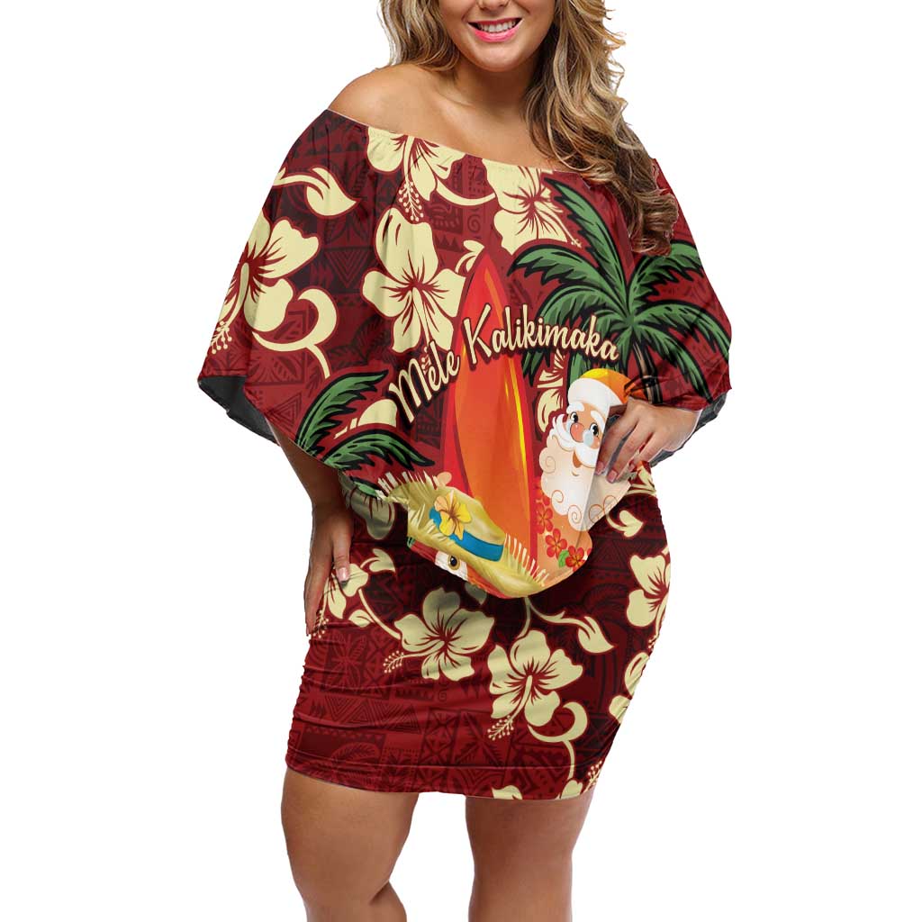 Crimson Red Tropical Christmas Hawaii Tapa Off Shoulder Short Dress Aloha Santa Drink Party - Polynesian Pride