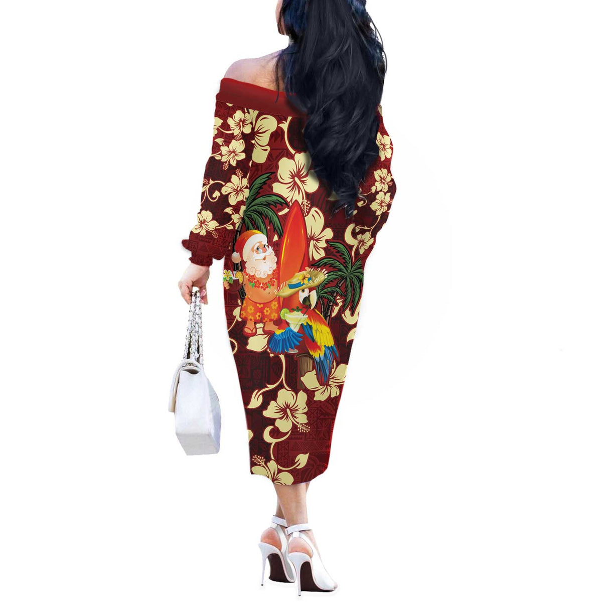 Crimson Red Tropical Christmas Hawaii Tapa Off The Shoulder Long Sleeve Dress Aloha Santa Drink Party - Polynesian Pride