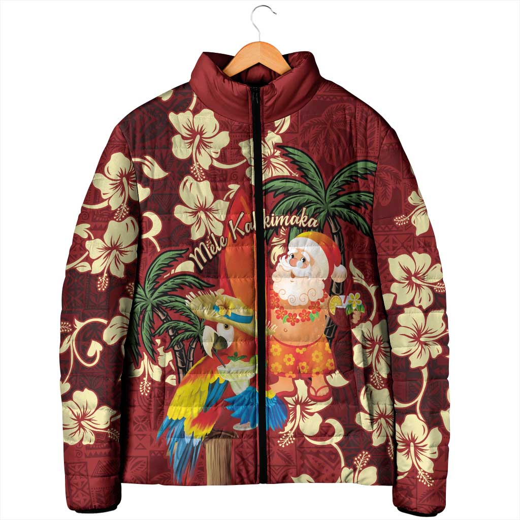 Crimson Red Tropical Christmas Hawaii Tapa Padded Jacket Aloha Santa Drink Party - Polynesian Pride