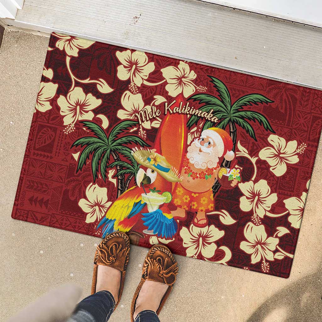 Crimson Red Tropical Christmas Hawaii Tapa Rubber Doormat Aloha Santa Drink Party - Polynesian Pride