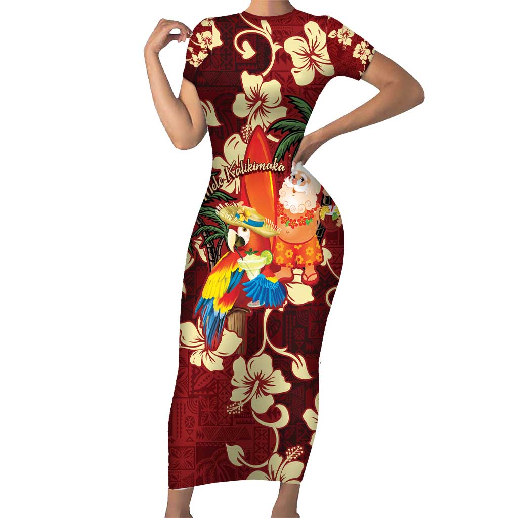 Crimson Red Tropical Christmas Hawaii Tapa Short Sleeve Bodycon Dress Aloha Santa Drink Party - Polynesian Pride