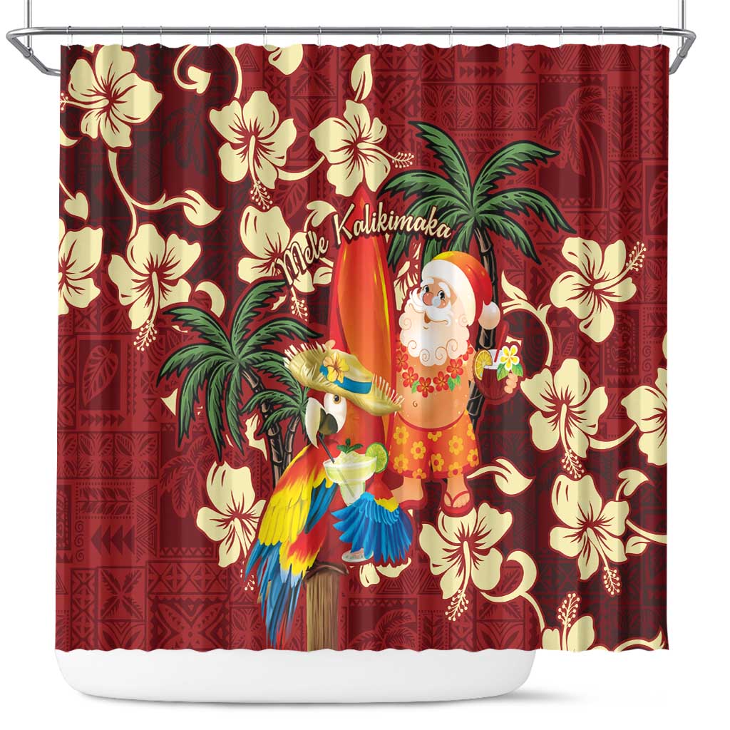 Crimson Red Tropical Christmas Hawaii Tapa Shower Curtain Aloha Santa Drink Party - Polynesian Pride