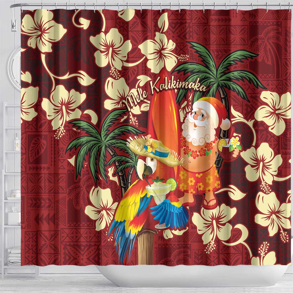 Crimson Red Tropical Christmas Hawaii Tapa Shower Curtain Aloha Santa Drink Party - Polynesian Pride