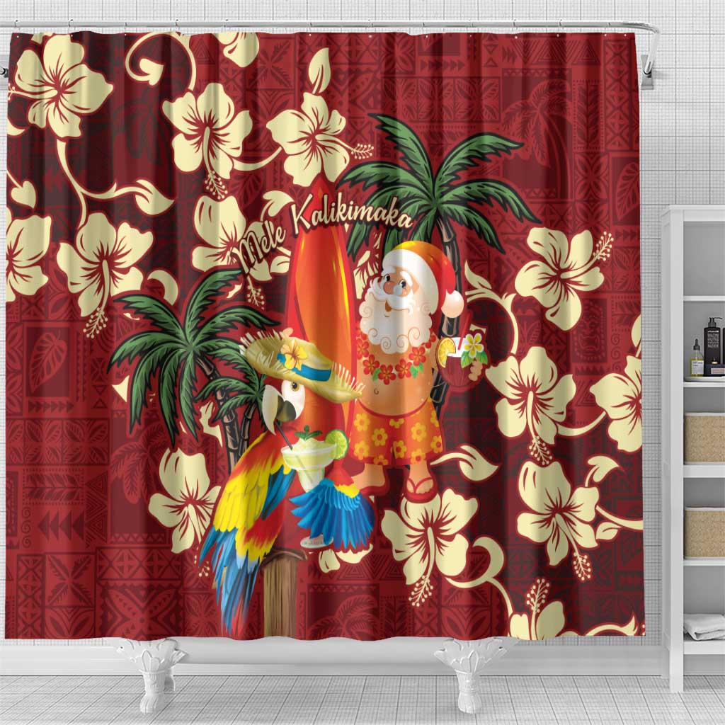 Crimson Red Tropical Christmas Hawaii Tapa Shower Curtain Aloha Santa Drink Party - Polynesian Pride