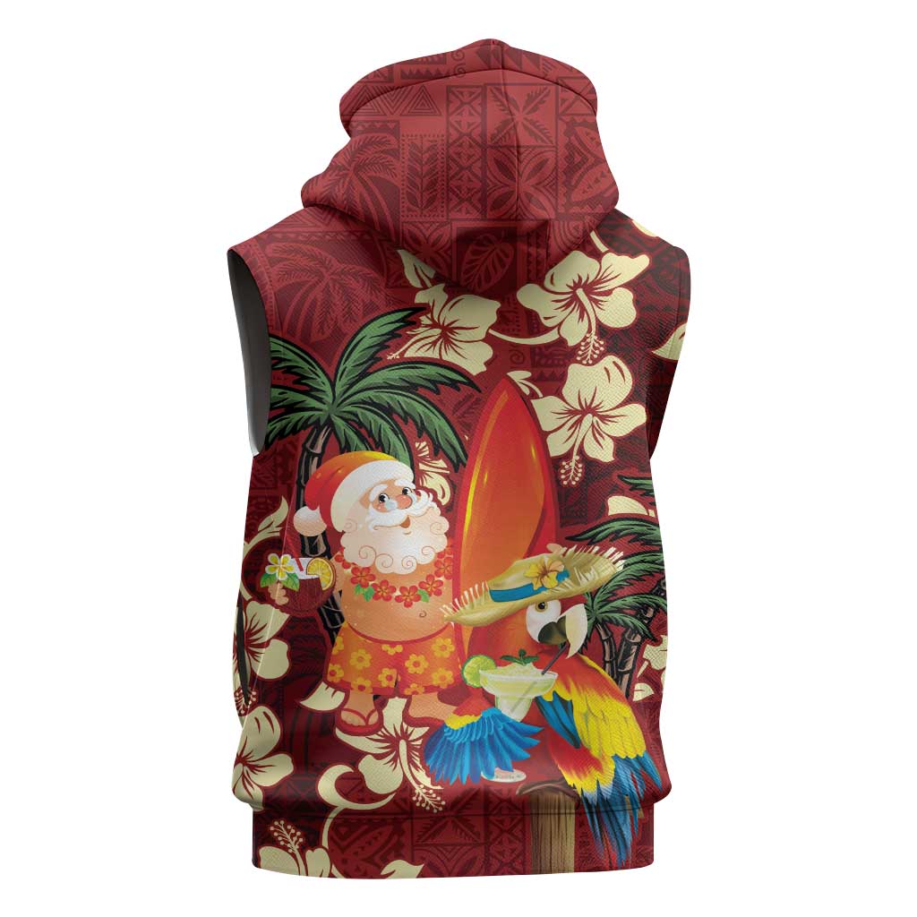 Crimson Red Tropical Christmas Hawaii Tapa Sleeveless Hoodie Aloha Santa Drink Party - Polynesian Pride