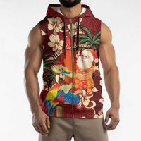 Crimson Red Tropical Christmas Hawaii Tapa Sleeveless Zip Hoodie Aloha Santa Drink Party - Polynesian Pride