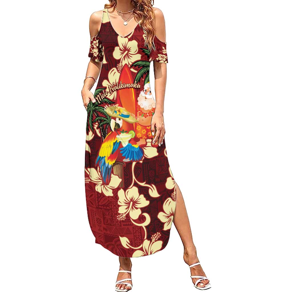 Crimson Red Tropical Christmas Hawaii Tapa Summer Maxi Dress Aloha Santa Drink Party - Polynesian Pride