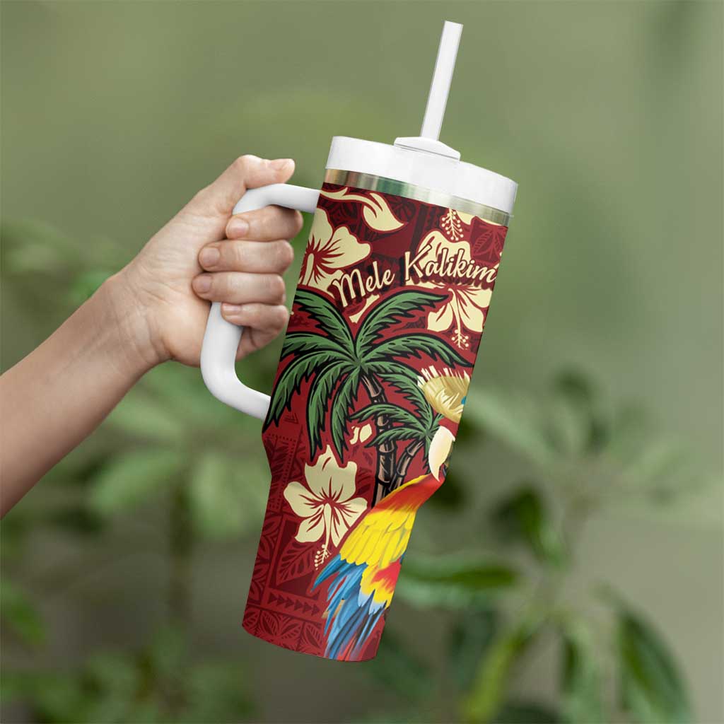 Crimson Red Tropical Christmas Hawaii Tapa Tumbler With Handle Aloha Santa Drink Party - Polynesian Pride