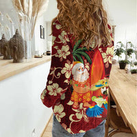 Crimson Red Tropical Christmas Hawaii Tapa Women Casual Shirt Aloha Santa Drink Party - Polynesian Pride