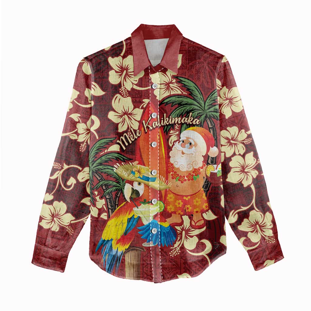 Crimson Red Tropical Christmas Hawaii Tapa Women Casual Shirt Aloha Santa Drink Party - Polynesian Pride