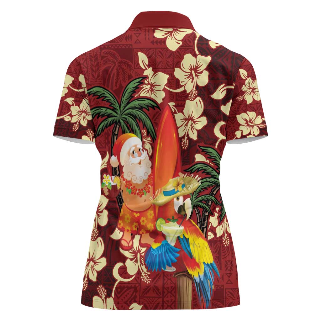 Crimson Red Tropical Christmas Hawaii Tapa Women Polo Shirt Aloha Santa Drink Party - Polynesian Pride
