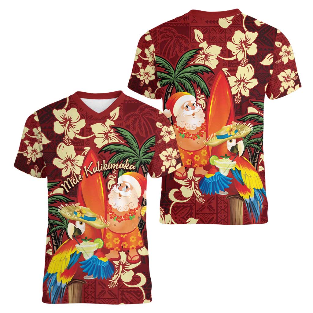 Crimson Red Tropical Christmas Hawaii Tapa Women V-Neck T-Shirt Aloha Santa Drink Party - Polynesian Pride