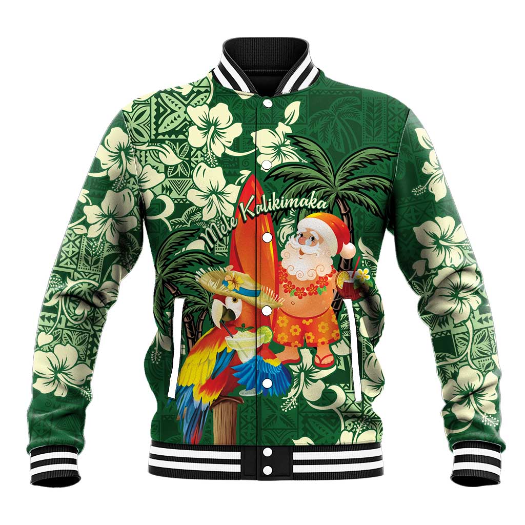 Moss Green Tropical Christmas Hawaii Tapa Baseball Jacket Aloha Santa Drink Party - Polynesian Pride