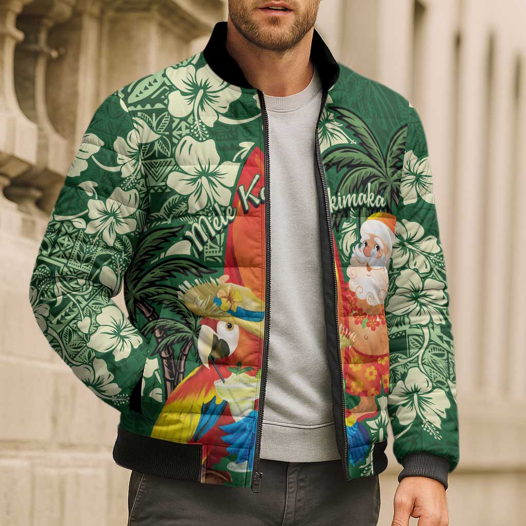 Moss Green Tropical Christmas Hawaii Tapa Bomber Puffer Jacket Aloha Santa Drink Party - Polynesian Pride