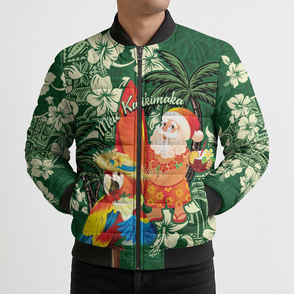 Moss Green Tropical Christmas Hawaii Tapa Bomber Puffer Jacket Aloha Santa Drink Party - Polynesian Pride
