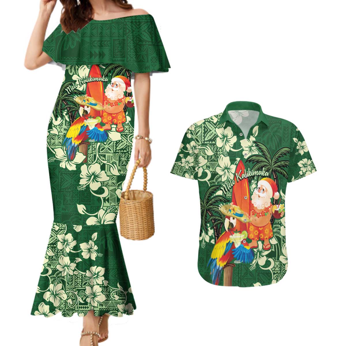Moss Green Tropical Christmas Hawaii Tapa Couples Matching Mermaid Dress and Hawaiian Shirt Aloha Santa Drink Party - Polynesian Pride