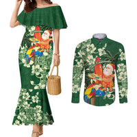 Moss Green Tropical Christmas Hawaii Tapa Couples Matching Mermaid Dress and Long Sleeve Button Shirt Aloha Santa Drink Party - Polynesian Pride