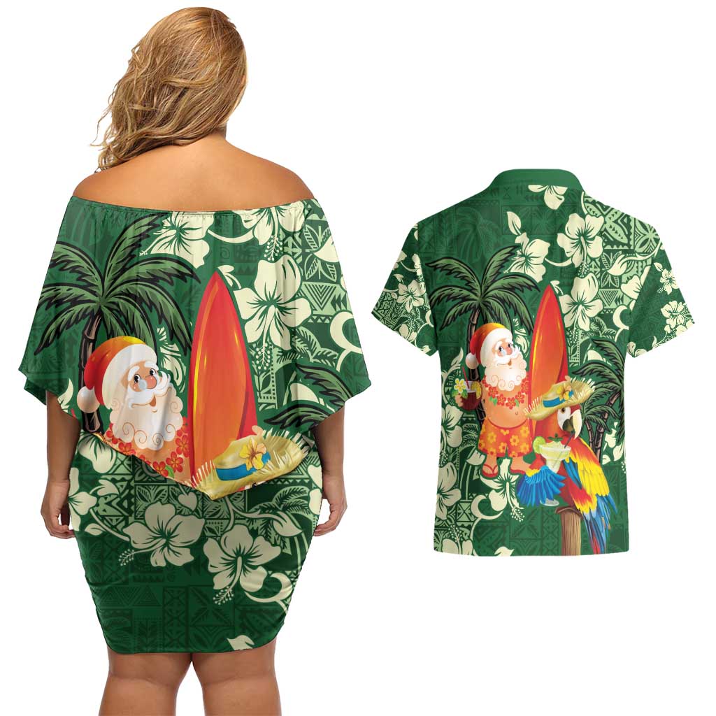Moss Green Tropical Christmas Hawaii Tapa Couples Matching Off Shoulder Short Dress and Hawaiian Shirt Aloha Santa Drink Party - Polynesian Pride