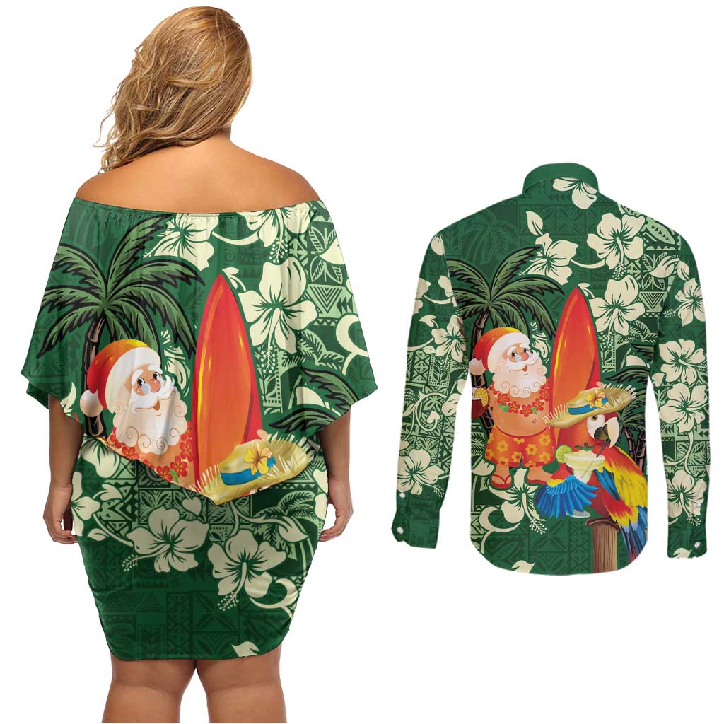 Moss Green Tropical Christmas Hawaii Tapa Couples Matching Off Shoulder Short Dress and Long Sleeve Button Shirt Aloha Santa Drink Party - Polynesian Pride