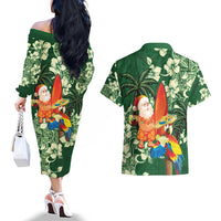 Moss Green Tropical Christmas Hawaii Tapa Couples Matching Off The Shoulder Long Sleeve Dress and Hawaiian Shirt Aloha Santa Drink Party - Polynesian Pride