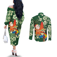 Moss Green Tropical Christmas Hawaii Tapa Couples Matching Off The Shoulder Long Sleeve Dress and Long Sleeve Button Shirt Aloha Santa Drink Party - Polynesian Pride