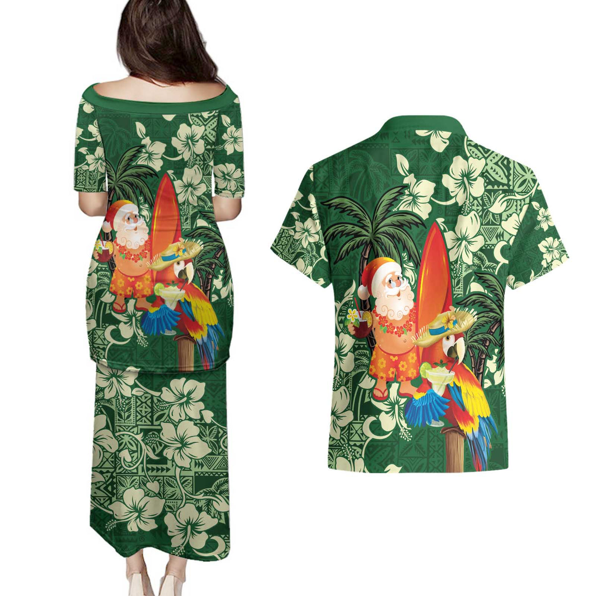 Moss Green Tropical Christmas Hawaii Tapa Couples Matching Puletasi and Hawaiian Shirt Aloha Santa Drink Party - Polynesian Pride