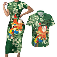 Moss Green Tropical Christmas Hawaii Tapa Couples Matching Short Sleeve Bodycon Dress and Hawaiian Shirt Aloha Santa Drink Party - Polynesian Pride