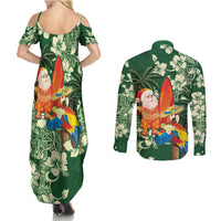 Moss Green Tropical Christmas Hawaii Tapa Couples Matching Summer Maxi Dress and Long Sleeve Button Shirt Aloha Santa Drink Party - Polynesian Pride