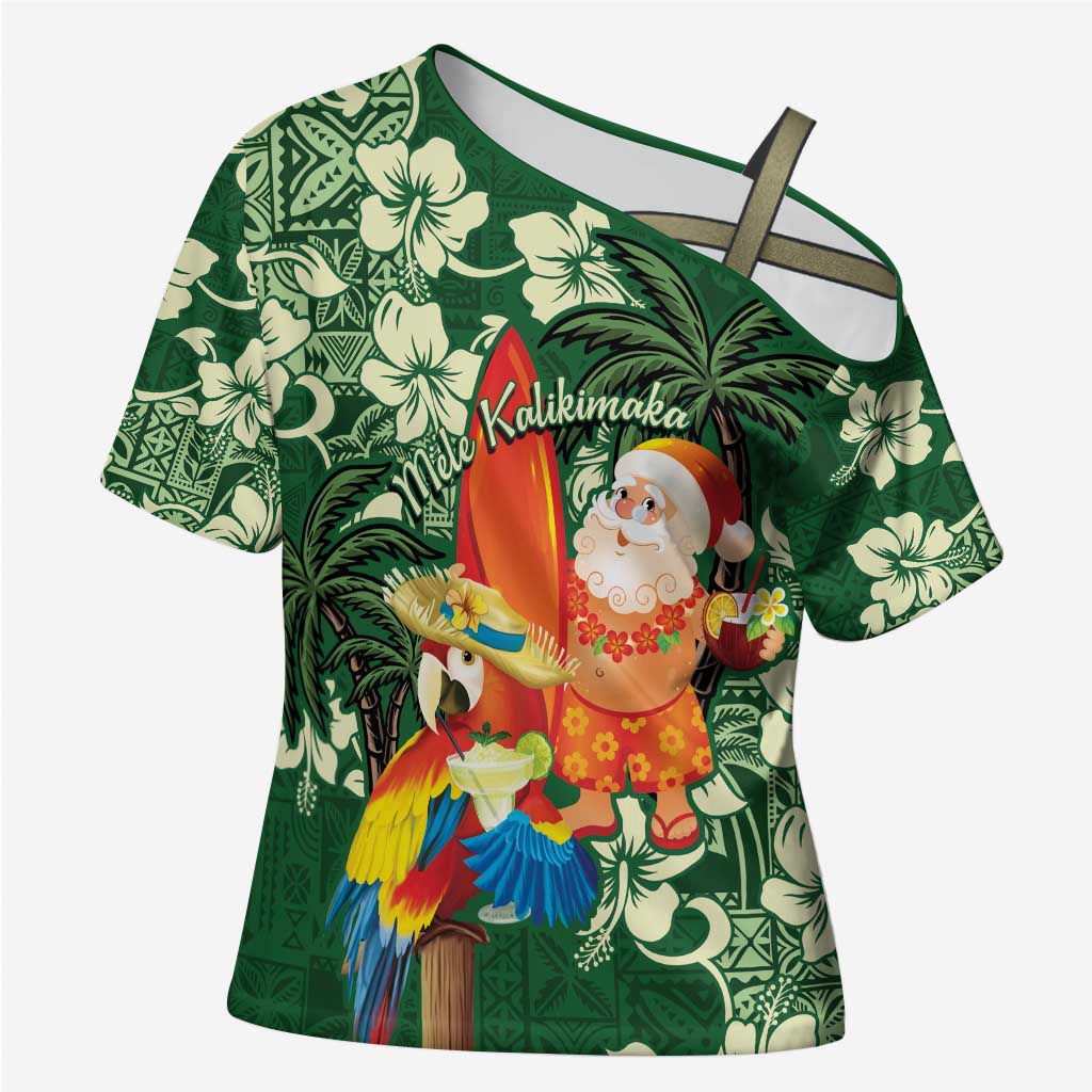 Moss Green Tropical Christmas Hawaii Tapa Cross Shoulder Shirt Aloha Santa Drink Party - Polynesian Pride