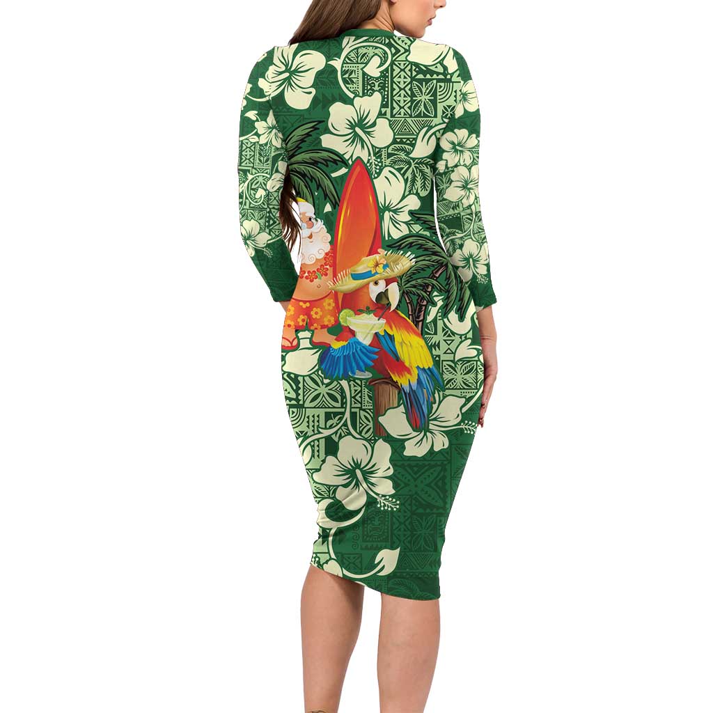 Moss Green Tropical Christmas Hawaii Tapa Family Matching Long Sleeve Bodycon Dress and Hawaiian Shirt Aloha Santa Drink Party - Polynesian Pride