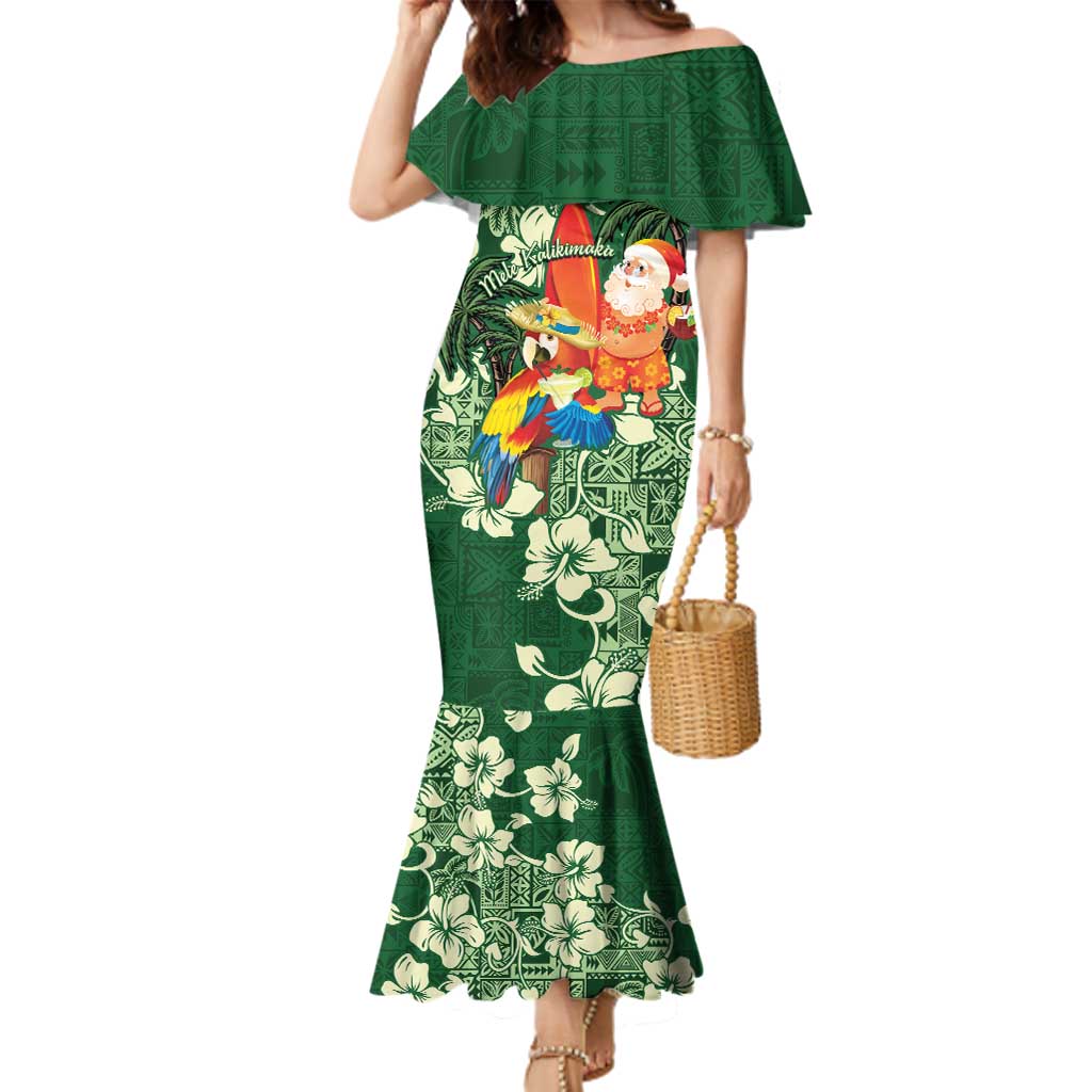Moss Green Tropical Christmas Hawaii Tapa Family Matching Mermaid Dress and Hawaiian Shirt Aloha Santa Drink Party - Polynesian Pride